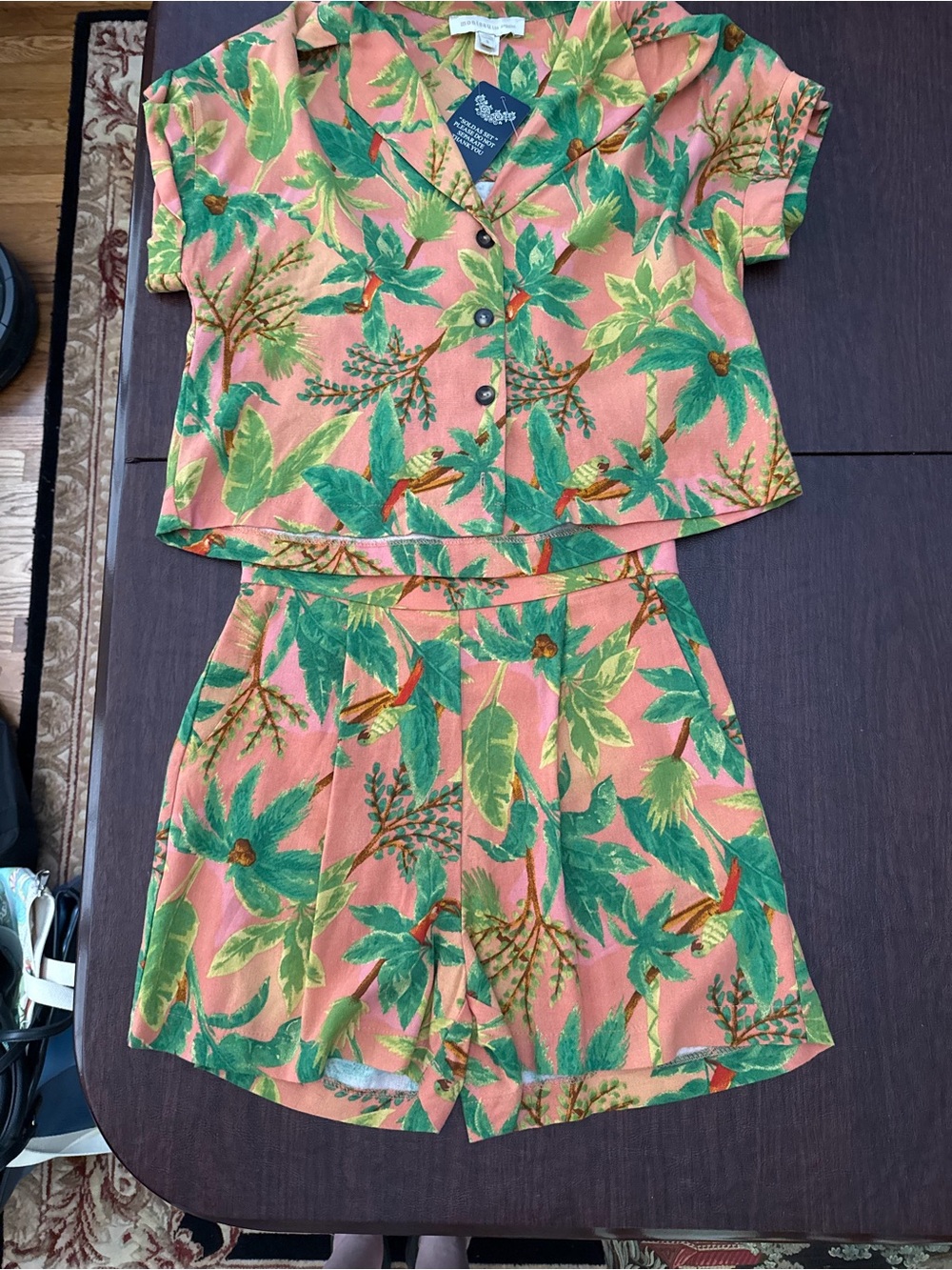 Monteau Peach Tropical Leaf Two-Piece Short Set